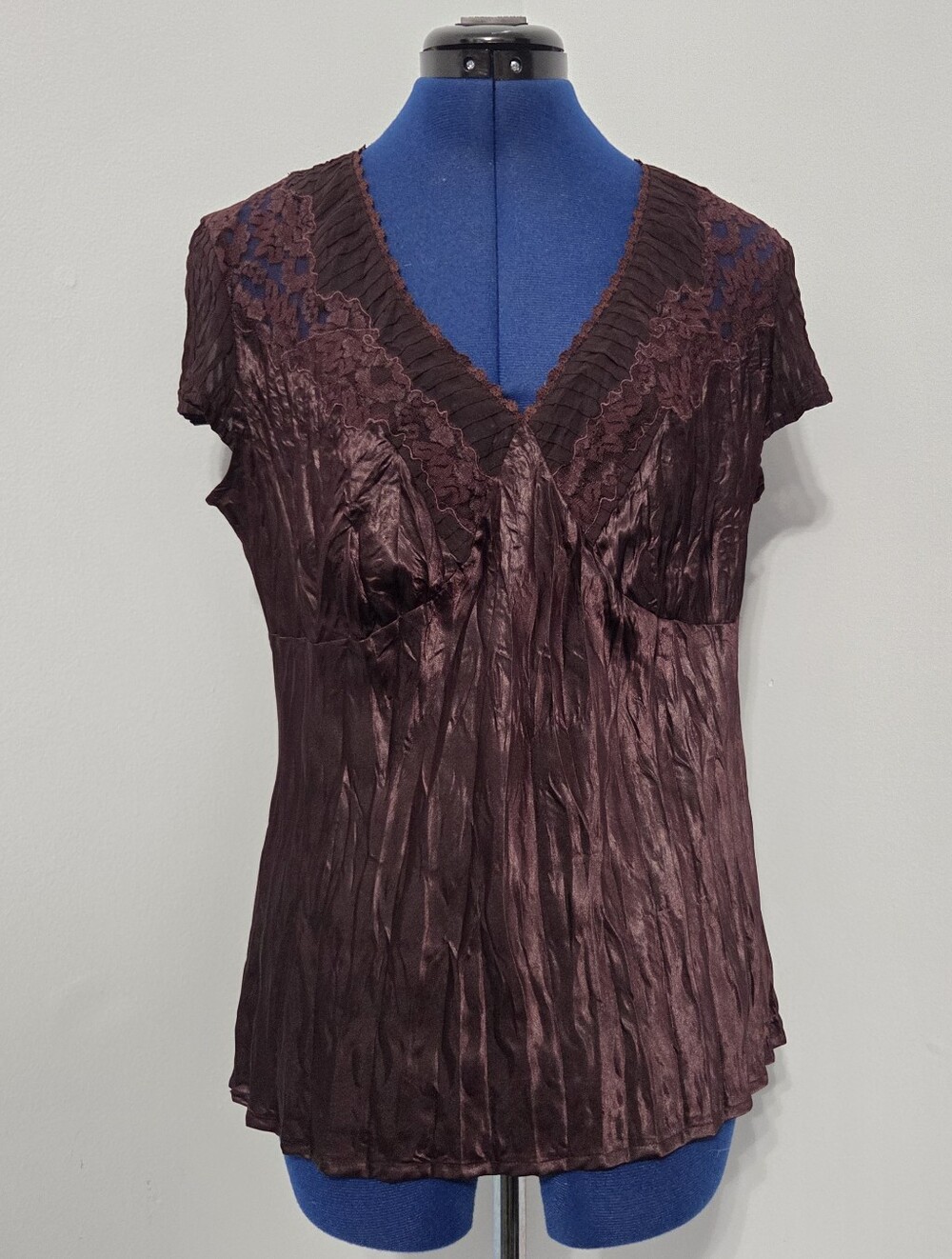 Y2K Dark Purple Pleated Lace Trim Shirt Size 10